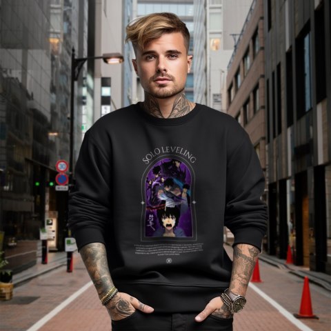 Bluza czarna męska z nadrukiem Solo Leveling Ore dake Level Up na Ken Bluza czarna męska z nadrukiem Solo Leveling Ore dake Level Up na Ken