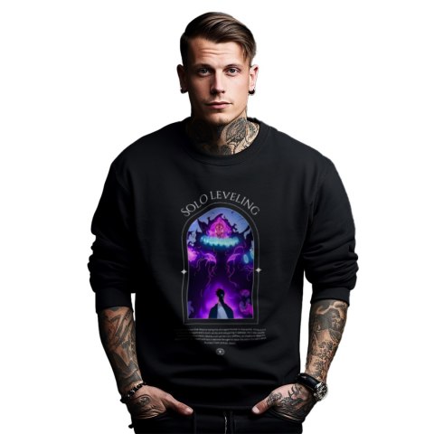 Bluza czarna męska z nadrukiem Solo Leveling Ore dake Level Up na Ken Bluza czarna męska z nadrukiem Solo Leveling Ore dake Level Up na Ken