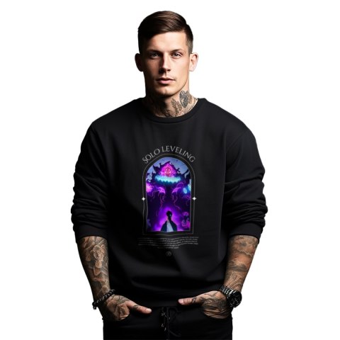 Bluza czarna męska z nadrukiem Solo Leveling Ore dake Level Up na Ken Bluza czarna męska z nadrukiem Solo Leveling Ore dake Level Up na Ken