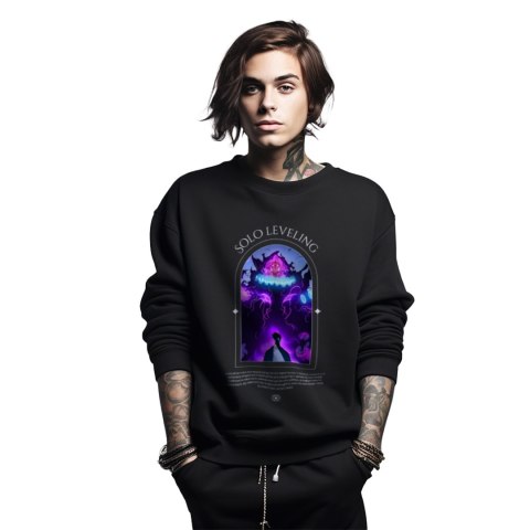 Bluza czarna męska z nadrukiem Solo Leveling Ore dake Level Up na Ken Bluza czarna męska z nadrukiem Solo Leveling Ore dake Level Up na Ken