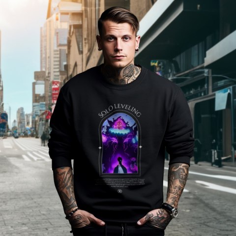 Bluza czarna męska z nadrukiem Solo Leveling Ore dake Level Up na Ken Bluza czarna męska z nadrukiem Solo Leveling Ore dake Level Up na Ken