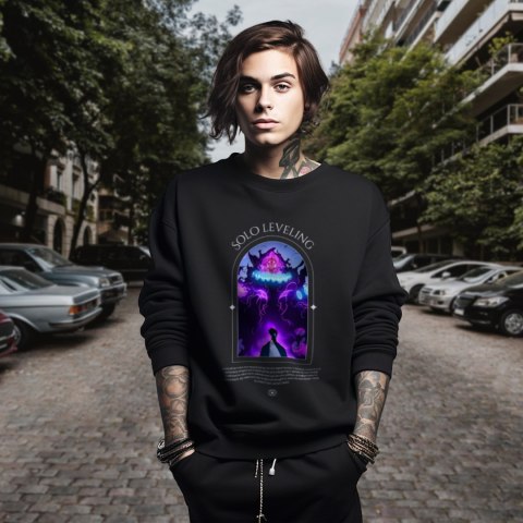 Bluza czarna męska z nadrukiem Solo Leveling Ore dake Level Up na Ken Bluza czarna męska z nadrukiem Solo Leveling Ore dake Level Up na Ken