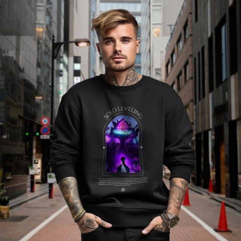 Bluza czarna męska z nadrukiem Solo Leveling Ore dake Level Up na Ken Bluza czarna męska z nadrukiem Solo Leveling Ore dake Level Up na Ken