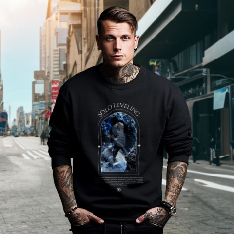 Bluza czarna męska z nadrukiem Solo Leveling Ore dake Level Up na Ken Bluza czarna męska z nadrukiem Solo Leveling Ore dake Level Up na Ken