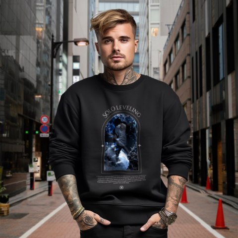 Bluza czarna męska z nadrukiem Solo Leveling Ore dake Level Up na Ken Bluza czarna męska z nadrukiem Solo Leveling Ore dake Level Up na Ken
