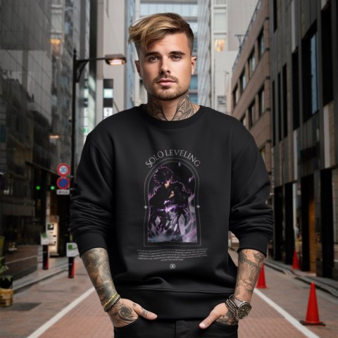 Bluza czarna męska z nadrukiem Solo Leveling Ore dake Level Up na Ken Bluza czarna męska z nadrukiem Solo Leveling Ore dake Level Up na Ken