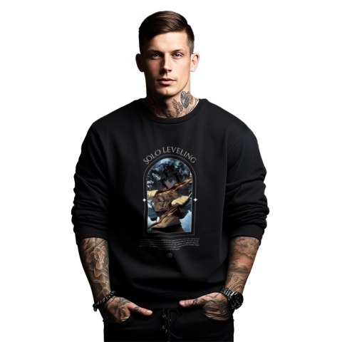 Bluza czarna męska z nadrukiem Solo Leveling Ore dake Level Up na Ken Bluza czarna męska z nadrukiem Solo Leveling Ore dake Level Up na Ken
