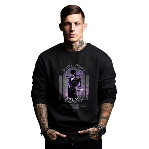 Bluza czarna męska z nadrukiem Solo Leveling Ore dake Level Up na Ken Bluza czarna męska z nadrukiem Solo Leveling Ore dake Level Up na Ken