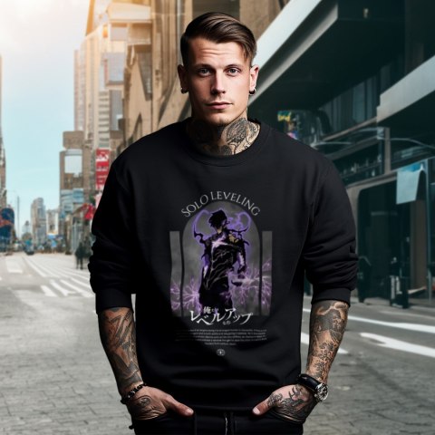 Bluza czarna męska z nadrukiem Solo Leveling Ore dake Level Up na Ken Bluza czarna męska z nadrukiem Solo Leveling Ore dake Level Up na Ken