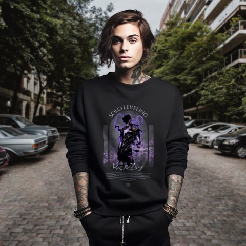 Bluza czarna męska z nadrukiem Solo Leveling Ore dake Level Up na Ken Bluza czarna męska z nadrukiem Solo Leveling Ore dake Level Up na Ken
