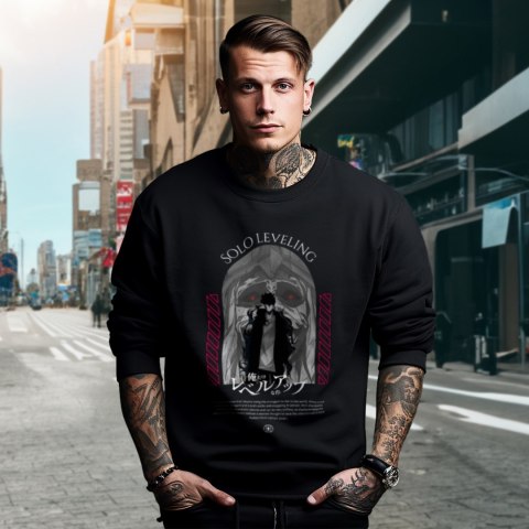 Bluza czarna męska z nadrukiem Solo Leveling Ore dake Level Up na Ken Bluza czarna męska z nadrukiem Solo Leveling Ore dake Level Up na Ken