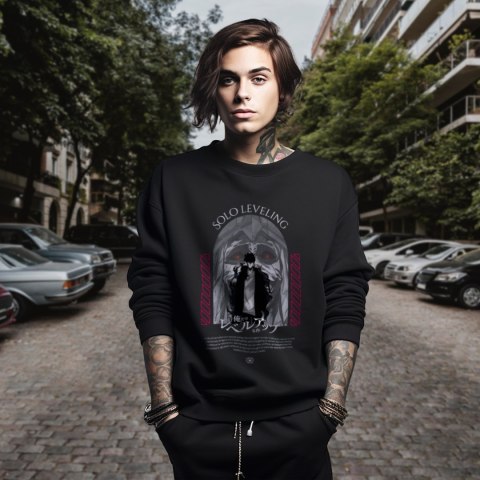Bluza czarna męska z nadrukiem Solo Leveling Ore dake Level Up na Ken Bluza czarna męska z nadrukiem Solo Leveling Ore dake Level Up na Ken