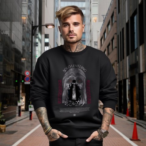 Bluza czarna męska z nadrukiem Solo Leveling Ore dake Level Up na Ken Bluza czarna męska z nadrukiem Solo Leveling Ore dake Level Up na Ken
