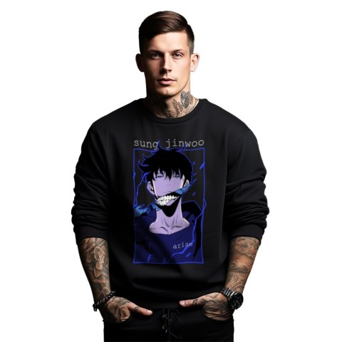 Bluza czarna męska z nadrukiem Solo Leveling Ore dake Level Up na Ken Bluza czarna męska z nadrukiem Solo Leveling Ore dake Level Up na Ken