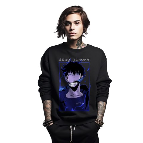 Bluza czarna męska z nadrukiem Solo Leveling Ore dake Level Up na Ken Bluza czarna męska z nadrukiem Solo Leveling Ore dake Level Up na Ken