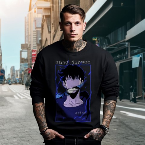 Bluza czarna męska z nadrukiem Solo Leveling Ore dake Level Up na Ken Bluza czarna męska z nadrukiem Solo Leveling Ore dake Level Up na Ken