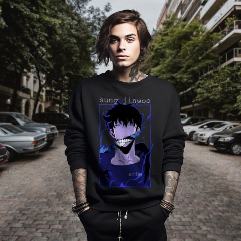 Bluza czarna męska z nadrukiem Solo Leveling Ore dake Level Up na Ken Bluza czarna męska z nadrukiem Solo Leveling Ore dake Level Up na Ken