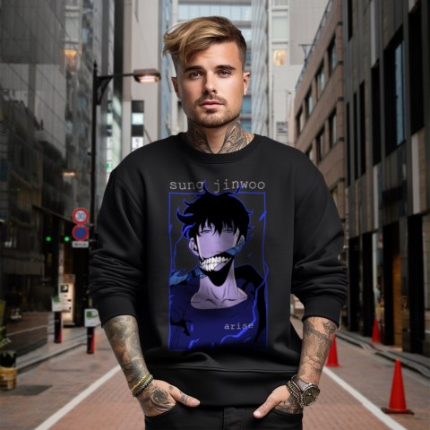 Bluza czarna męska z nadrukiem Solo Leveling Ore dake Level Up na Ken Bluza czarna męska z nadrukiem Solo Leveling Ore dake Level Up na Ken