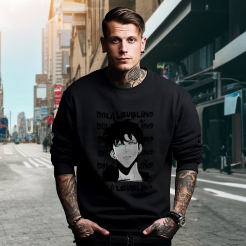 Bluza czarna męska z nadrukiem Solo Leveling Ore dake Level Up na Ken Bluza czarna męska z nadrukiem Solo Leveling Ore dake Level Up na Ken