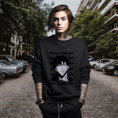 Bluza czarna męska z nadrukiem Solo Leveling Ore dake Level Up na Ken Bluza czarna męska z nadrukiem Solo Leveling Ore dake Level Up na Ken