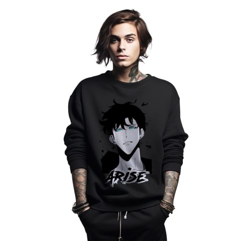 Bluza czarna męska z nadrukiem Solo Leveling Ore dake Level Up na Ken Bluza czarna męska z nadrukiem Solo Leveling Ore dake Level Up na Ken