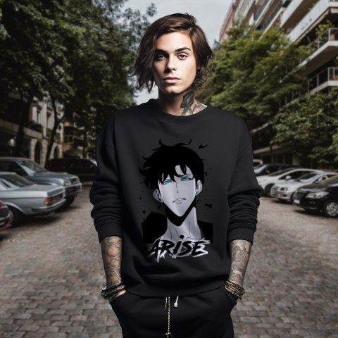 Bluza czarna męska z nadrukiem Solo Leveling Ore dake Level Up na Ken Bluza czarna męska z nadrukiem Solo Leveling Ore dake Level Up na Ken