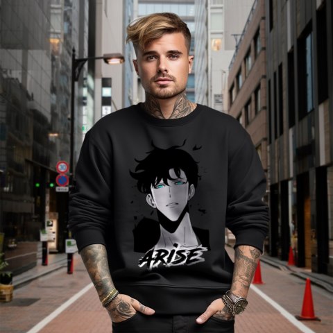 Bluza czarna męska z nadrukiem Solo Leveling Ore dake Level Up na Ken Bluza czarna męska z nadrukiem Solo Leveling Ore dake Level Up na Ken