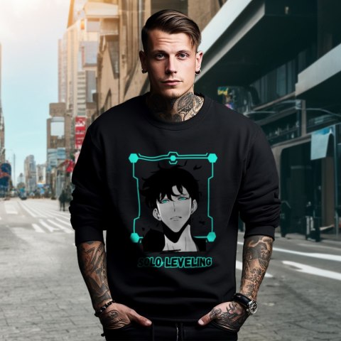 Bluza czarna męska z nadrukiem Solo Leveling Ore dake Level Up na Ken Bluza czarna męska z nadrukiem Solo Leveling Ore dake Level Up na Ken