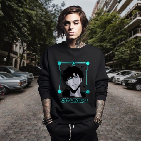 Bluza czarna męska z nadrukiem Solo Leveling Ore dake Level Up na Ken Bluza czarna męska z nadrukiem Solo Leveling Ore dake Level Up na Ken