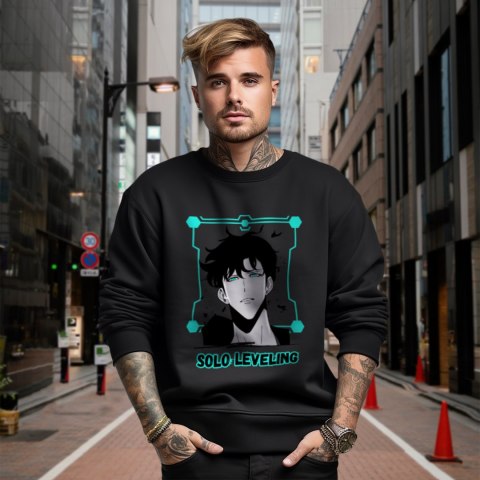 Bluza czarna męska z nadrukiem Solo Leveling Ore dake Level Up na Ken Bluza czarna męska z nadrukiem Solo Leveling Ore dake Level Up na Ken