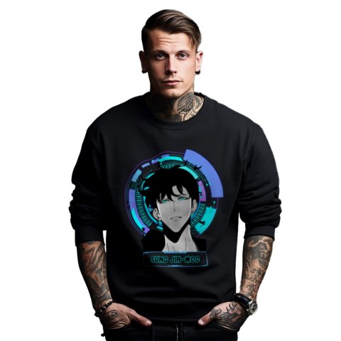 Bluza czarna męska z nadrukiem Solo Leveling Ore dake Level Up na Ken Bluza czarna męska z nadrukiem Solo Leveling Ore dake Level Up na Ken