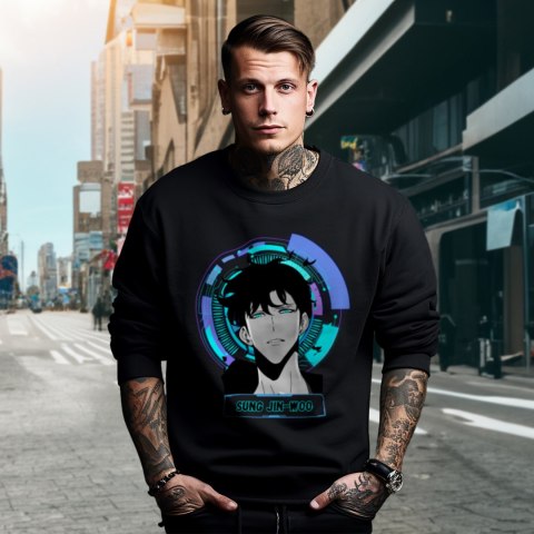 Bluza czarna męska z nadrukiem Solo Leveling Ore dake Level Up na Ken Bluza czarna męska z nadrukiem Solo Leveling Ore dake Level Up na Ken