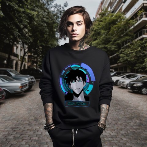 Bluza czarna męska z nadrukiem Solo Leveling Ore dake Level Up na Ken Bluza czarna męska z nadrukiem Solo Leveling Ore dake Level Up na Ken