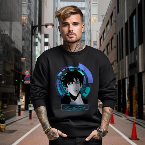 Bluza czarna męska z nadrukiem Solo Leveling Ore dake Level Up na Ken Bluza czarna męska z nadrukiem Solo Leveling Ore dake Level Up na Ken