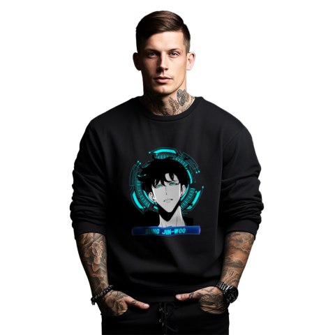 Bluza czarna męska z nadrukiem Solo Leveling Ore dake Level Up na Ken Bluza czarna męska z nadrukiem Solo Leveling Ore dake Level Up na Ken