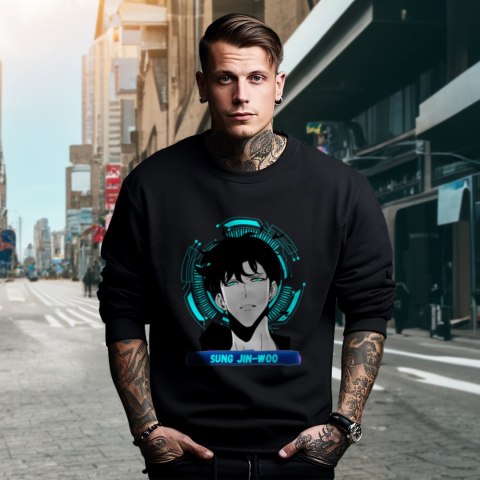 Bluza czarna męska z nadrukiem Solo Leveling Ore dake Level Up na Ken Bluza czarna męska z nadrukiem Solo Leveling Ore dake Level Up na Ken