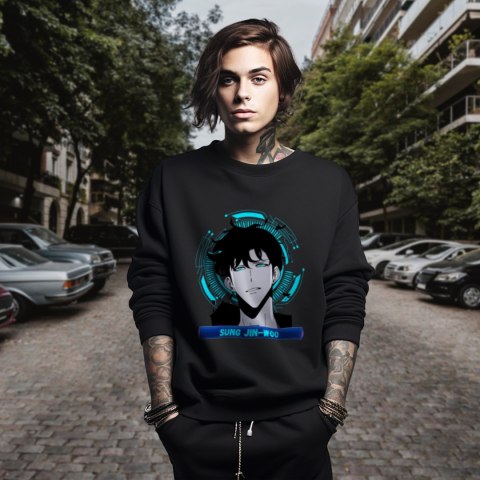 Bluza czarna męska z nadrukiem Solo Leveling Ore dake Level Up na Ken Bluza czarna męska z nadrukiem Solo Leveling Ore dake Level Up na Ken
