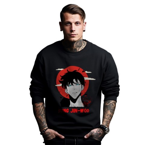 Bluza czarna męska z nadrukiem Solo Leveling Ore dake Level Up na Ken Bluza czarna męska z nadrukiem Solo Leveling Ore dake Level Up na Ken