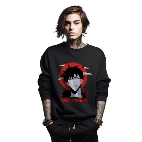 Bluza czarna męska z nadrukiem Solo Leveling Ore dake Level Up na Ken Bluza czarna męska z nadrukiem Solo Leveling Ore dake Level Up na Ken
