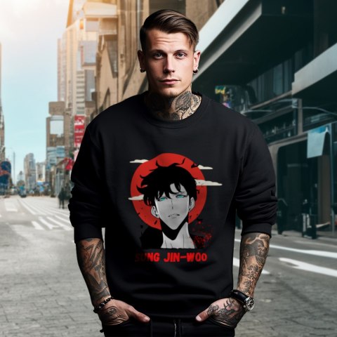Bluza czarna męska z nadrukiem Solo Leveling Ore dake Level Up na Ken Bluza czarna męska z nadrukiem Solo Leveling Ore dake Level Up na Ken