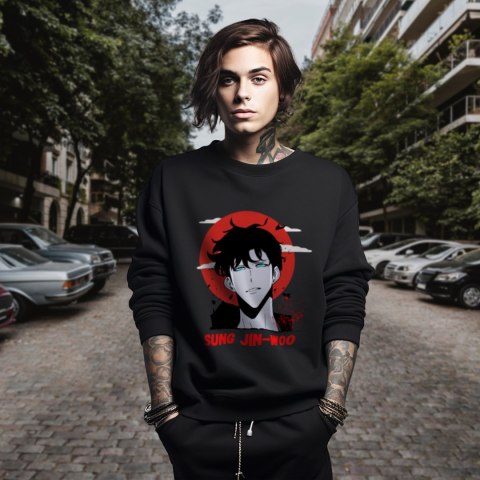 Bluza czarna męska z nadrukiem Solo Leveling Ore dake Level Up na Ken Bluza czarna męska z nadrukiem Solo Leveling Ore dake Level Up na Ken