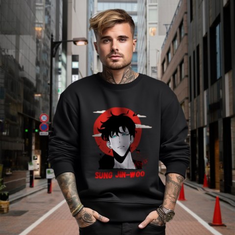 Bluza czarna męska z nadrukiem Solo Leveling Ore dake Level Up na Ken Bluza czarna męska z nadrukiem Solo Leveling Ore dake Level Up na Ken