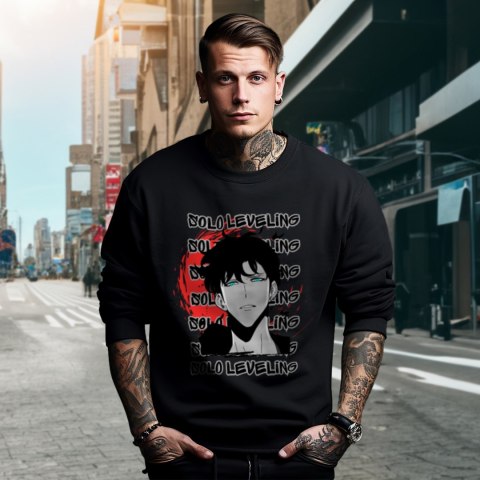 Bluza czarna męska z nadrukiem Solo Leveling Ore dake Level Up na Ken Bluza czarna męska z nadrukiem Solo Leveling Ore dake Level Up na Ken