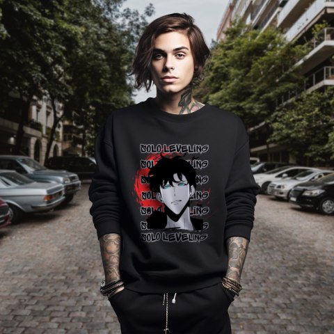 Bluza czarna męska z nadrukiem Solo Leveling Ore dake Level Up na Ken Bluza czarna męska z nadrukiem Solo Leveling Ore dake Level Up na Ken