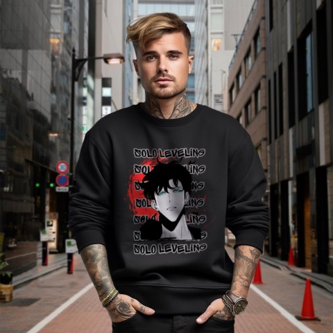 Bluza czarna męska z nadrukiem Solo Leveling Ore dake Level Up na Ken Bluza czarna męska z nadrukiem Solo Leveling Ore dake Level Up na Ken