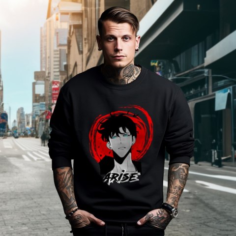 Bluza czarna męska z nadrukiem Solo Leveling Ore dake Level Up na Ken Bluza czarna męska z nadrukiem Solo Leveling Ore dake Level Up na Ken