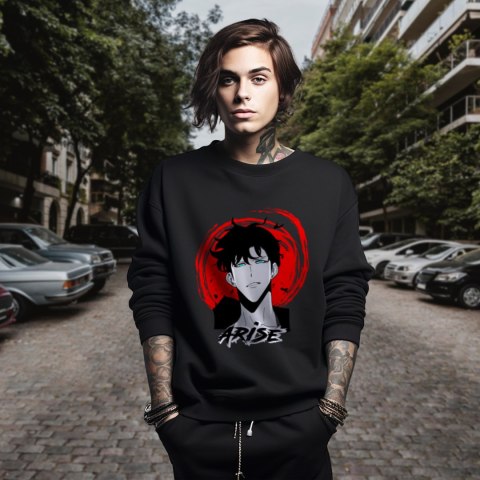 Bluza czarna męska z nadrukiem Solo Leveling Ore dake Level Up na Ken Bluza czarna męska z nadrukiem Solo Leveling Ore dake Level Up na Ken