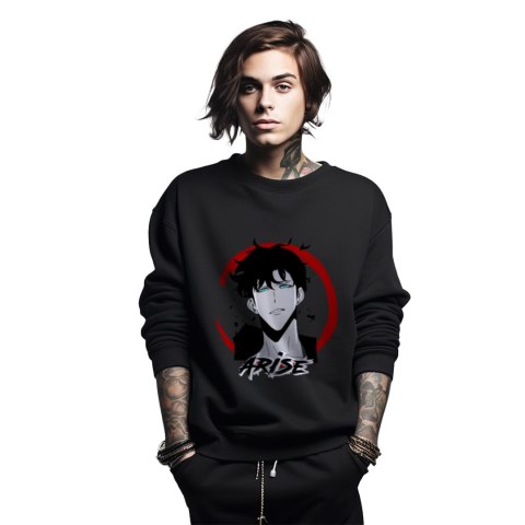 Bluza czarna męska z nadrukiem Solo Leveling Ore dake Level Up na Ken Bluza czarna męska z nadrukiem Solo Leveling Ore dake Level Up na Ken