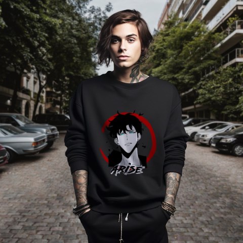 Bluza czarna męska z nadrukiem Solo Leveling Ore dake Level Up na Ken Bluza czarna męska z nadrukiem Solo Leveling Ore dake Level Up na Ken