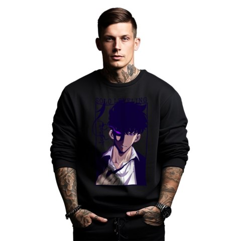 Bluza czarna męska z nadrukiem Solo Leveling Ore dake Level Up na Ken Bluza czarna męska z nadrukiem Solo Leveling Ore dake Level Up na Ken